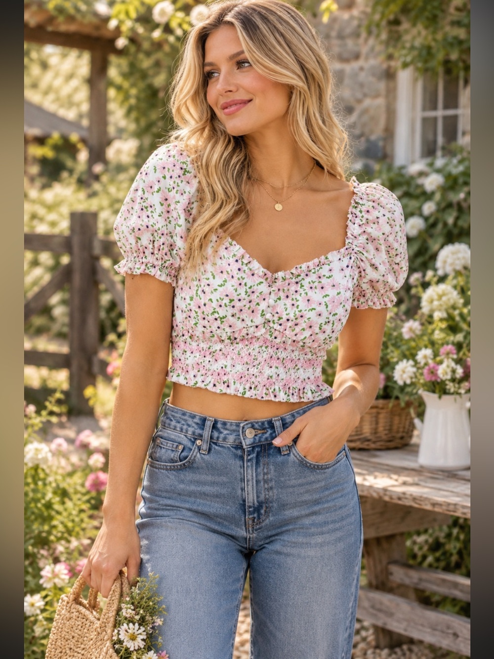 NWT Alice Olivia Floral Smocked Crop Top Puff Sleeve Sweetheart Neckline